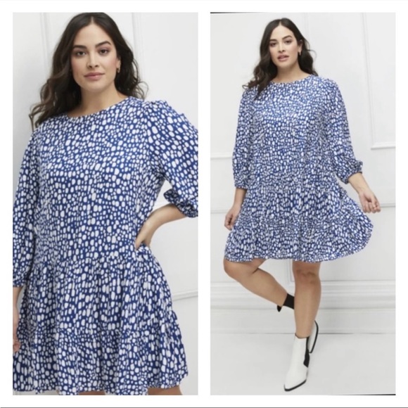 Eloquii Dresses & Skirts - ELOQUII Navy Blue White Dot Print Tiered Long Sleeve Mini Shirt Dress Size 24